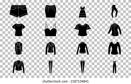 Womens Wear Vector Icons Set Solid Black EPS 10... Womens Clothes Illustration.. Flat Outline Sign.. Shop Online Concept. Females Item Of Clothing.... Apparel Store Symbol. Isolated On Transparent