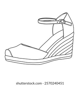 Women's Wedge Espadrilles  Closed Toe line art, Technical sketch hand drawing outline vector doodle side 3D Isometric view isolated on white background for coloring page