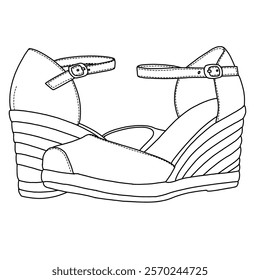 Women's Wedge Espadrilles  Closed Toe line art, Technical sketch hand drawing outline vector doodle rear and side 3D Isometric view isolated on white background for coloring page