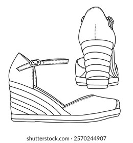 Women's Wedge Espadrilles  Closed Toe line art, Technical sketch hand drawing outline vector doodle side and rear view isolated on white background for coloring page