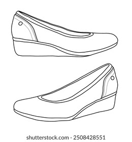 Women's Wedge Low Heels Square Close Block Toe Pumps Shoes Line art,Technical sketch hand drawing outline vector doodle illustration isometric and side view isolated on white background