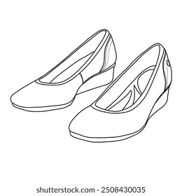 Women's Wedge Low Heels Square Close Block Toe Pumps Shoes Line art,Technical sketch hand drawing outline vector doodle illustration isometric view isolated on white background