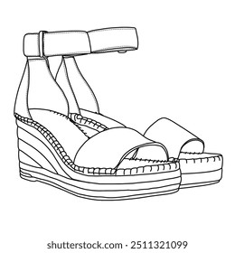 Women's Wedge Sandal with ankle strap Line art,Technical sketch hand drawing outline vector doodle illustration isometric 3D isometric view isolated on white background