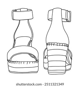 Women's Wedge Sandal with ankle strap Line art,Technical sketch hand drawing outline vector doodle illustration isometric front and rear view isolated on white background