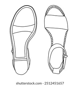 Women's Wedge Sandal with ankle strap Line art,Technical sketch hand drawing outline vector doodle illustration isometric top and bottom view isolated on white background