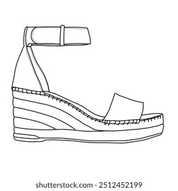 Women's Wedge Sandal with ankle strap Line art,Technical sketch hand drawing outline vector doodle illustration isometric side view isolated on white background