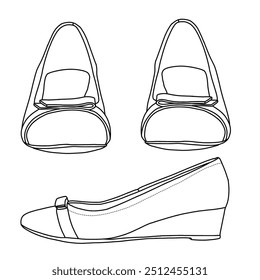 Women's Wedge Sandal with clossed toe design Line art,Technical sketch hand drawing outline vector doodle illustration various view isolated on white background