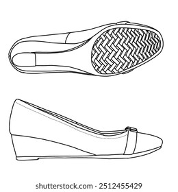 Women's Wedge Sandal with clossed toe design Line art,Technical sketch hand drawing outline vector doodle illustration side and bottom view isolated on white background