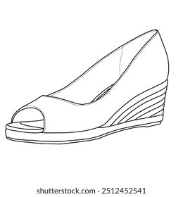 Women's Wedge Sandal with open toe Line art,Technical sketch hand drawing outline vector doodle illustration isometric side isometric view isolated on white background