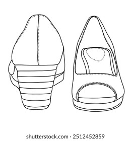 Women's Wedge Sandal with open toe Line art,Technical sketch hand drawing outline vector doodle illustration isometric front and rear view isolated on white background