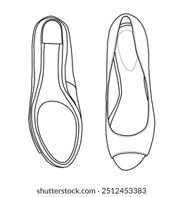 Women's Wedge Sandal with open toe Line art,Technical sketch hand drawing outline vector doodle illustration top and bottom view isolated on white background