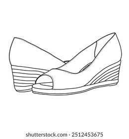 Women's Wedge Sandal with open toe Line art,Technical sketch hand drawing outline vector doodle illustration side and rear view isolated on white background