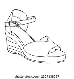 Women's Wedge Sandals with ankle strap Line art,Technical sketch hand drawing outline vector doodle illustration top View isolated on white background