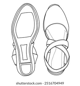 Women's Wedge Sandals Line art, Technical sketch hand drawing outline vector doodle illustration top and bottom view isolated on white background