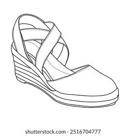 Women's Wedge Sandals Line art,Technical sketch hand drawing outline vector doodle illustration isometric view isolated on white background