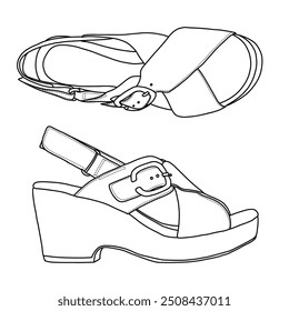 Women's Wedges Sandals Line art,Technical sketch hand drawing outline vector doodle illustration side and top view isolated on white background