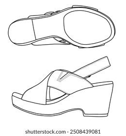 Women's Wedges Sandals Line art,Technical sketch hand drawing outline vector doodle illustration side and bottom view isolated on white background