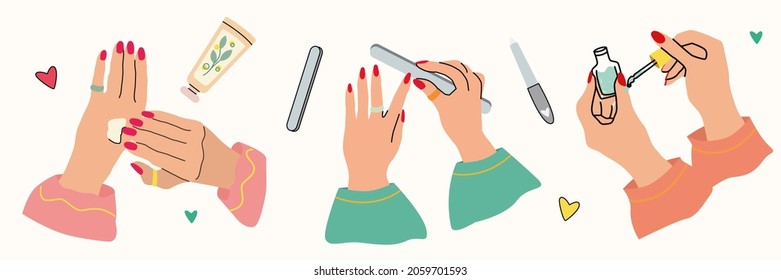 Women's well-groomed hands with manicure, manicure tools, nail files, hand cream, nail oil. The concept of hand and nail care. A set of three vector illustrations