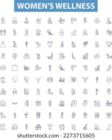 Women's wellness line icons, signs set. Female, Wellness, Health, Nutrition, Fitness, Self Care, Strength, Balance, Hormones outline vector illustrations.
