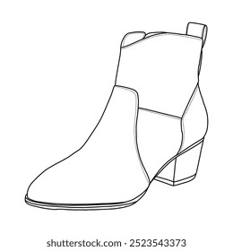 Women's Western Ankle Boots Line art, Technical sketch hand drawing outline vector doodle illustration side 3D Isometric view isolated on white background