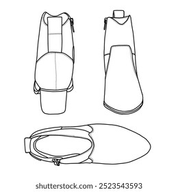 Botas do tornozelo ocidental feminino arte da linha, esboço técnico mão desenho esboço vetor doodle ilustração superior, traseira e vista frontal isolada no fundo branco