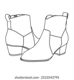 Women's Western Ankle Boots Line art, Technical sketch hand drawing outline vector doodle illustration side and rear view isolated on white background