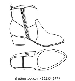 Women's Western Ankle Boots Line art, Technical sketch hand drawing outline vector doodle illustration side and bottom view isolated on white background