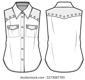 Women's Western Sleeveless Shirt Blouse flat sketch fashion illustration drawing front and back view, sleeveless denim blouse top with collar cad for girls and ladies template mock up