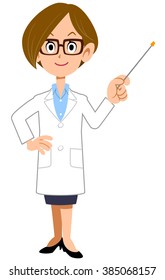 Women's white coat with a pointing stick