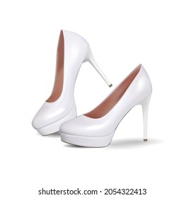 Women's white shoes with thin heels. Wedding accessory. High quality realistic vector object. 3d illustration