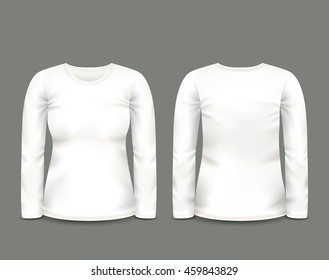 Women's white sweatshirt long sleeve in front and back views. Vector template. Fully editable handmade mesh.