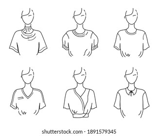 Womens white T-shirt, blouse, top, set of schematic vector illustrations. Sketch of clothes of different cuts, designs.