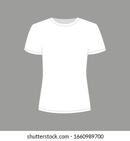 Womens white t-shirt with short sleeve. Shirt mockup in front view. Vector template illustration on gray background