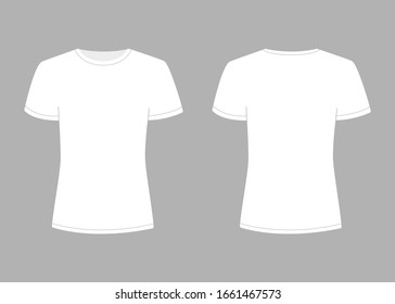 Womens white t-shirt with short sleeve. Shirt mockup in front and back view. Vector template illustration on gray background