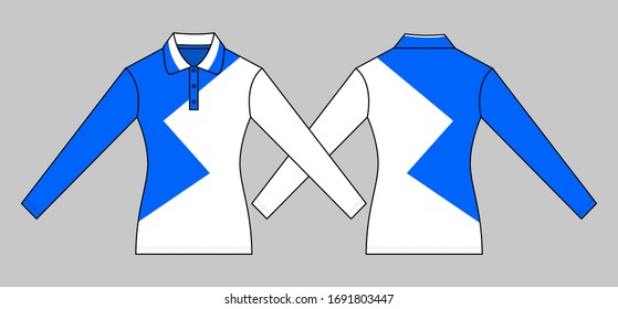 Women's White-Blue Long Sleeve Polo Shirt Design Vector.Front and Back View.