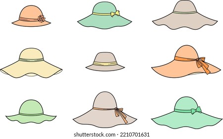 Women's wide brim floppy summer hat. Set. Fashion CAD. Vector illustration. 