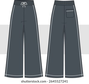 Perna larga das mulheres, calças de cintura alta elástica, moletom moda desenho técnico, ilustração. Vista frontal e traseira, Cad, conjunto de maquete.