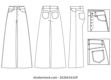 Women's Wide Leg Jeans Front and Back Fashion Flat Sketch, Technical Drawing, and Vector Mockup Template