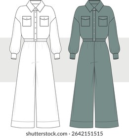 Women's wide leg relaxed fit jumpsuit technical fashion drawing, flat sketch vector illustration. Army style jumpsuit set, CAD, Mockup.
