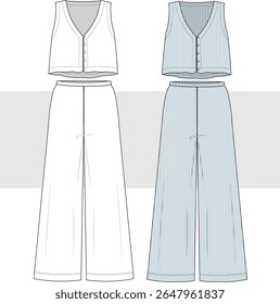 Calças de perna larga e colete de desenho superior feminino, ilustração. Desenho técnico de conjunto de terno superior e inferior com padrão listrado. Vista frontal, CAD, Conjunto de montagem.