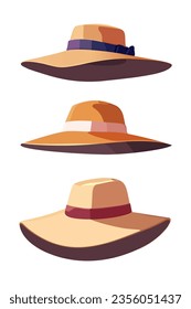 Women's wide-brimmed hats. Fashionable headdress. Vector illustration in a flat style on a white isolated background.