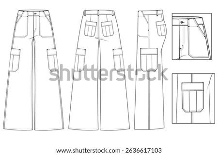 Women's Wide-Leg Denim Pants – Technical CAD Flat Sketch Featuring Front Slant Pockets, Cargo Flap-Patch Pockets, and Full Front and Back Views