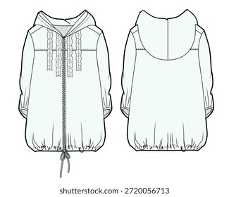 Women's windbreaker jackets design technical flat sketch vector mockup template.