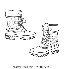 Women's winter boots mid calf warm insulated snow boots vector icon line art. An editable vector design of winter shoes. Footwear is isolated on a white background.