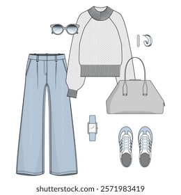 Women's winter fashion set with light blue wide-leg jeans, knitted jumper, sneakers, bag, earrings,  wristwatch, sunglasses. Trendy mini capsule collection of casual clothing. Flat vector illustration