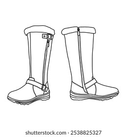 Invierno de las mujeres Completamente forrado de piel Cierre de cremallera Nieve Rodilla Botas altas Arte de línea, bosquejo técnico dibujo a mano delineado Vector doodle ilustración vista lateral y frontal aislado sobre fondo blanco