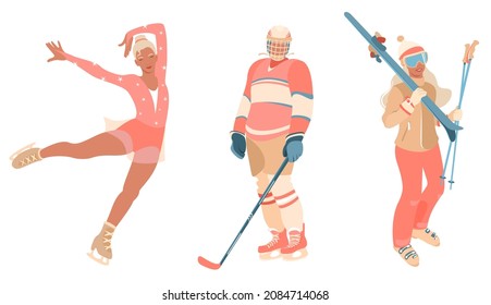 Women's winter sports. Figure ice skating, skiing, ice hockey. Winter outdoor activities. Vector flat cartoon illustration isolated on white background.