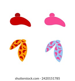Women's wool berets in red and pink with silk scarves in blue and yellow. Demi-season hats, accessories for women. Colored vector illustration