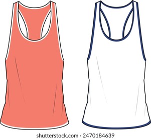 Women's Work Hard Racer Top. Technical fashion illustration. Front, white and coral color. Women's CAD mock-up.