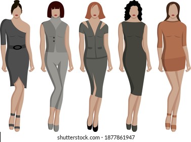 Women's work outfits for going to work, dresses, skirts, vest. Vector illustration.